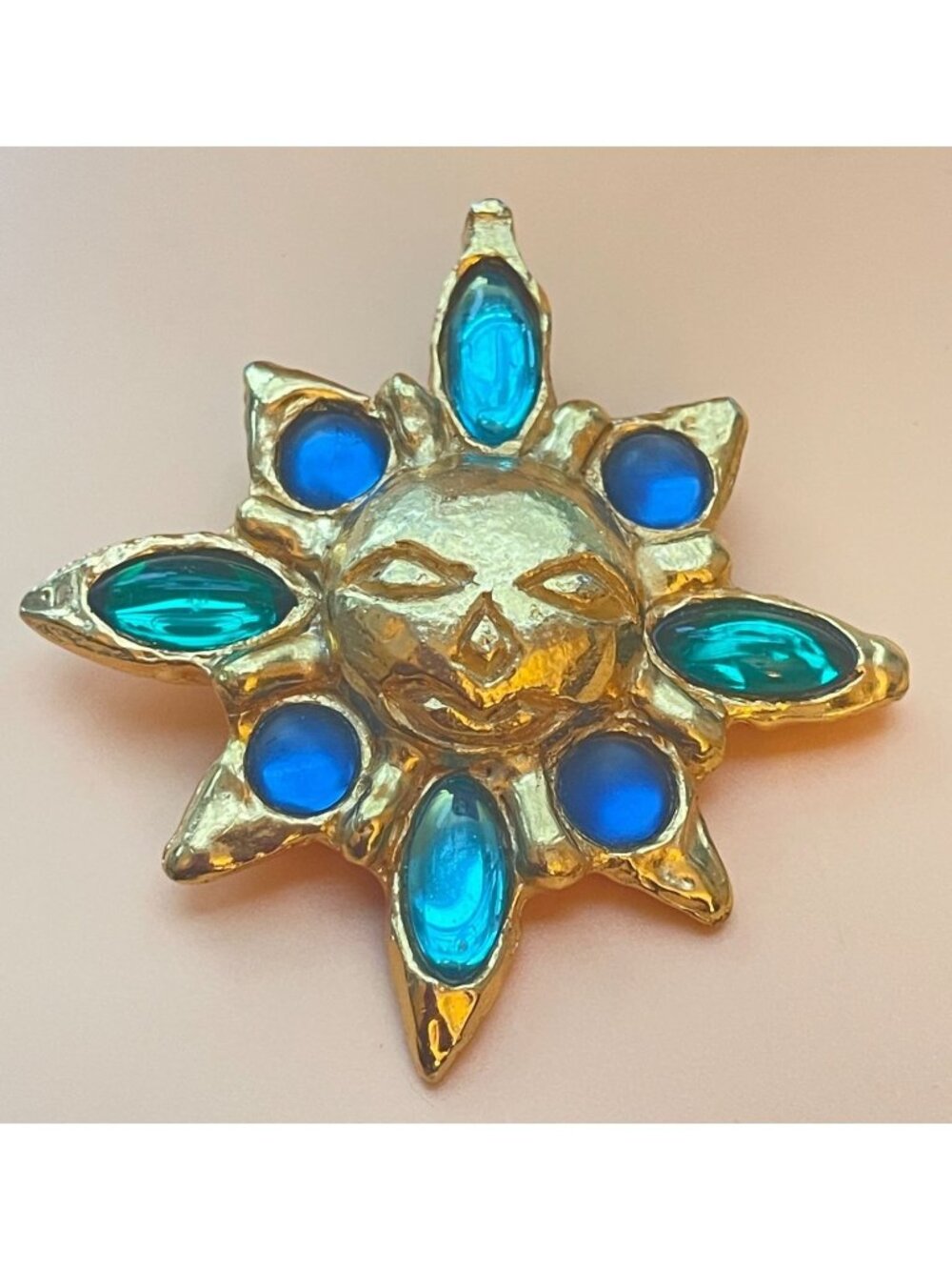 Vtg Signed Givenchy Paris Gold-Tone Blue & Green Glass Jeweled Sunburst Brooch 3